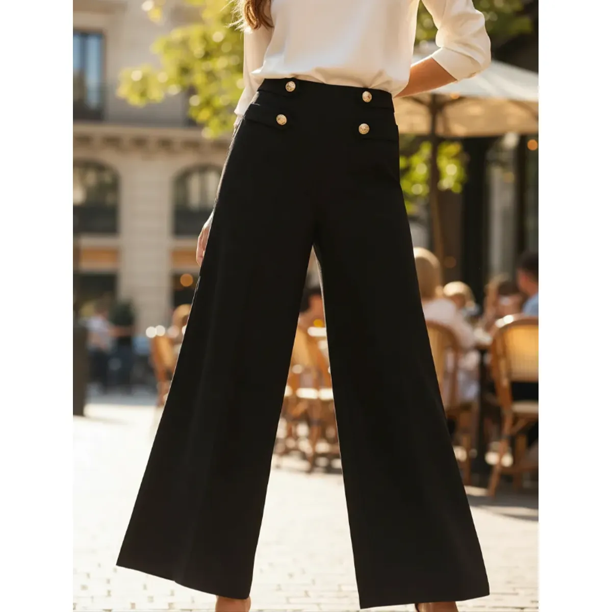 AGW - Pantalón Mujer Palazzo Negro Tiro Alto Con Botones Dorados
