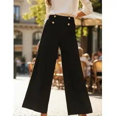 AGW - Pantalón Mujer Palazzo Negro Tiro Alto Con Botones Dorados