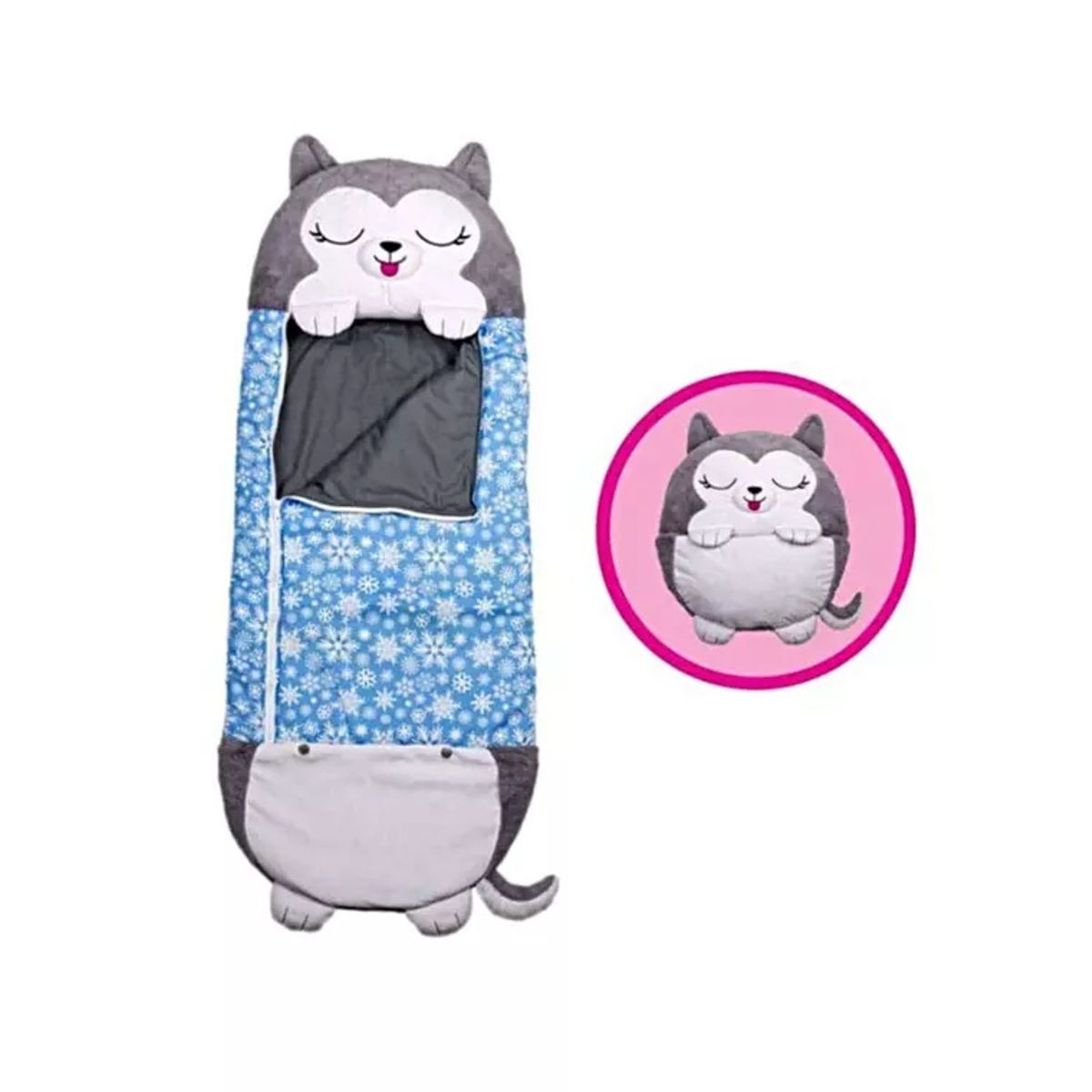 GENERICO - Saco de Dormir 2en1 Peluche+Almohada personaje Husky gris y azul