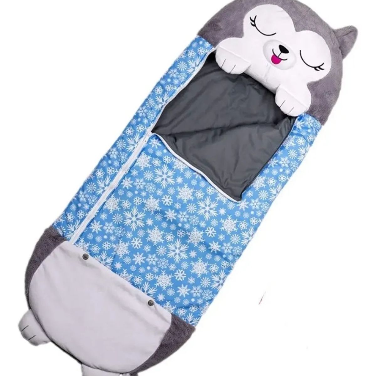 GENERICO - Saco de Dormir 2en1 Peluche+Almohada personaje Husky gris y azul