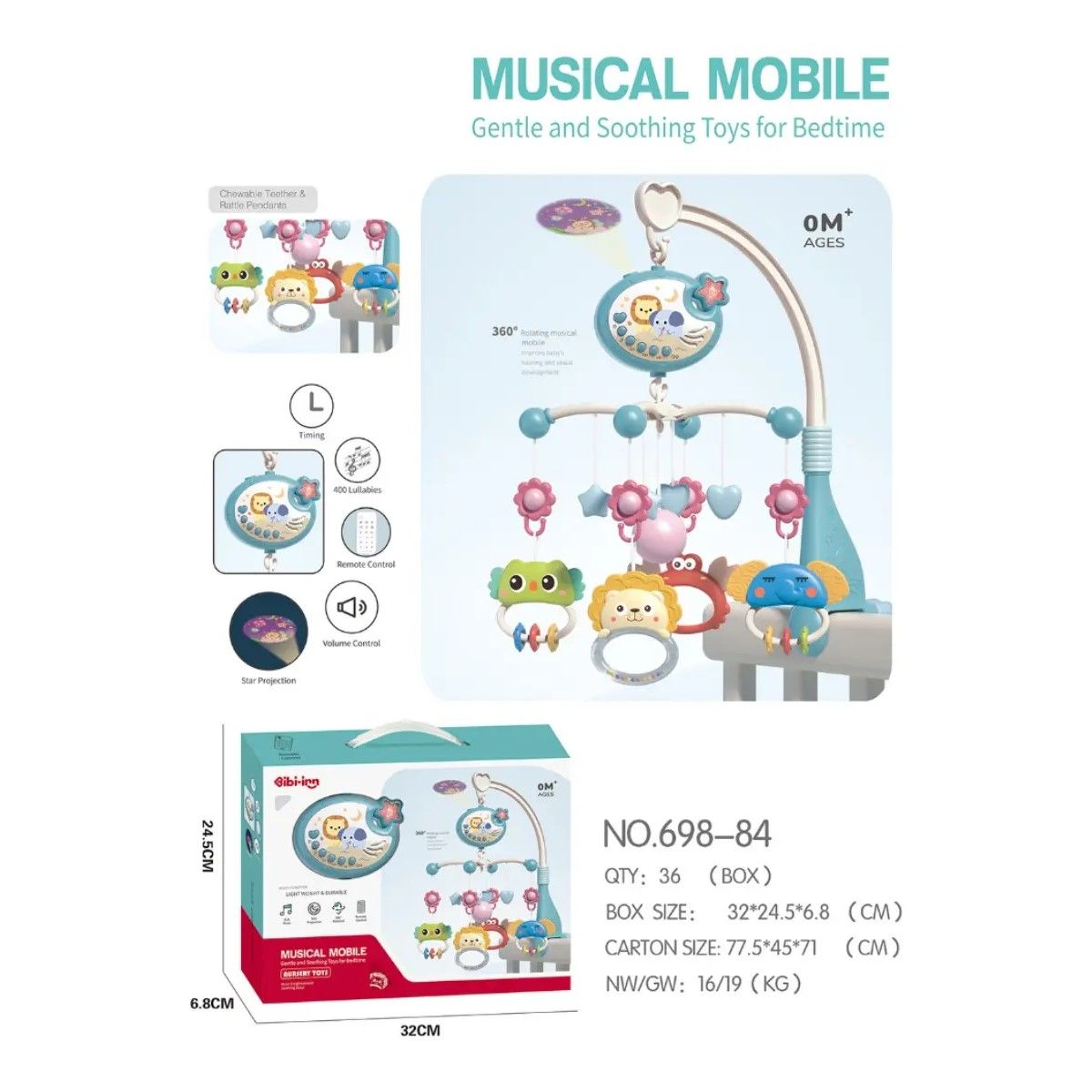 GENERICO - Móvil Giratorio Musical Proyector De Luces+control Para Cuna Celeste Animal BELUG