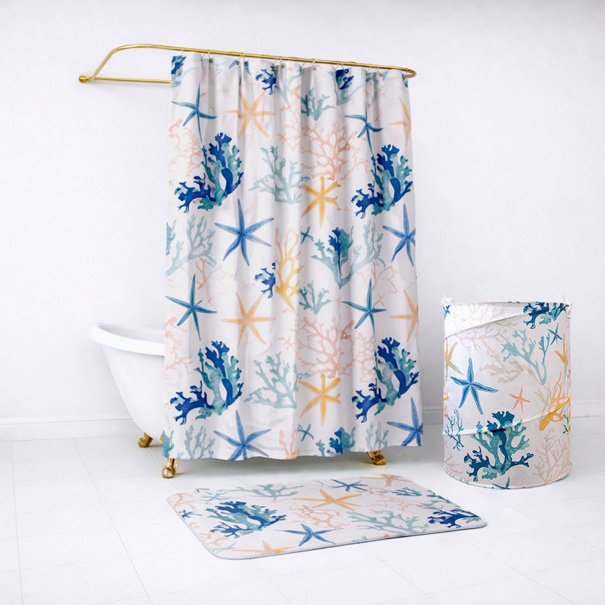 NAUTICA - Set para baño Nautica Home Cortina+Alfombra+cesta diseño corales de mar