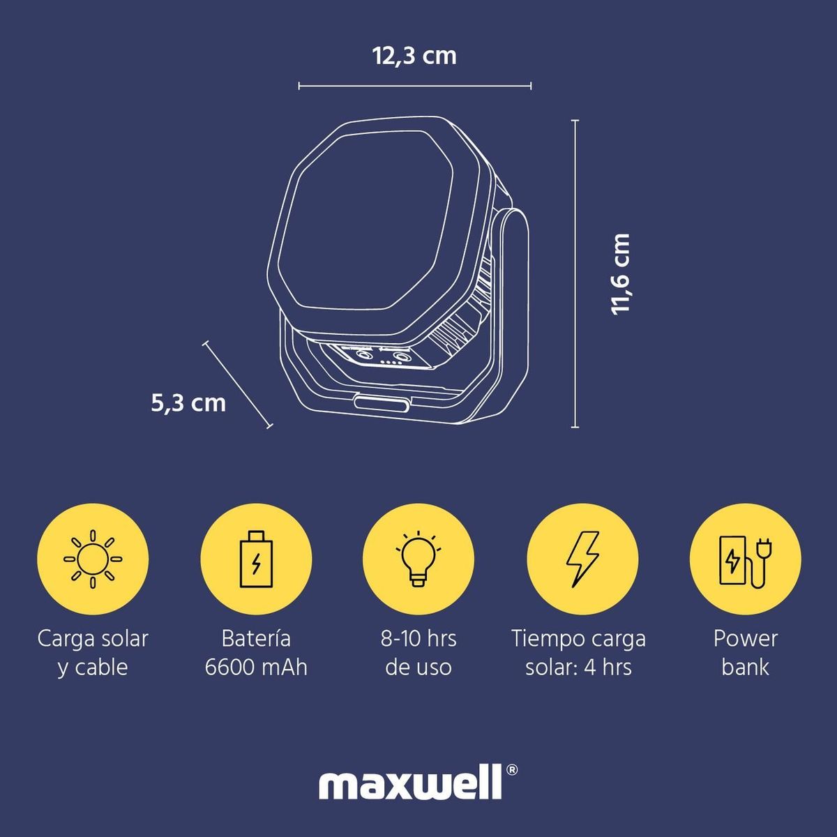 MAXWELL - Foco LED Portatil Solar y USB Maxwell Luz Camping Emergencia