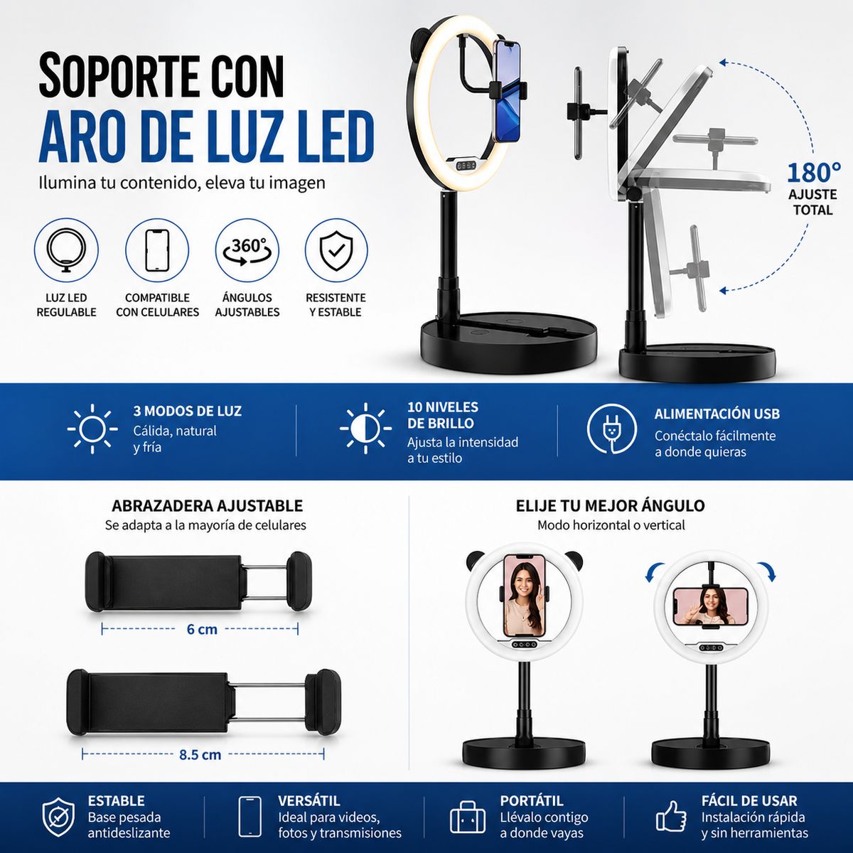 Aro de Luz Portátil G2 con Base Redonda LED para Fotos y Videos, marca MOVI - Foto Principal