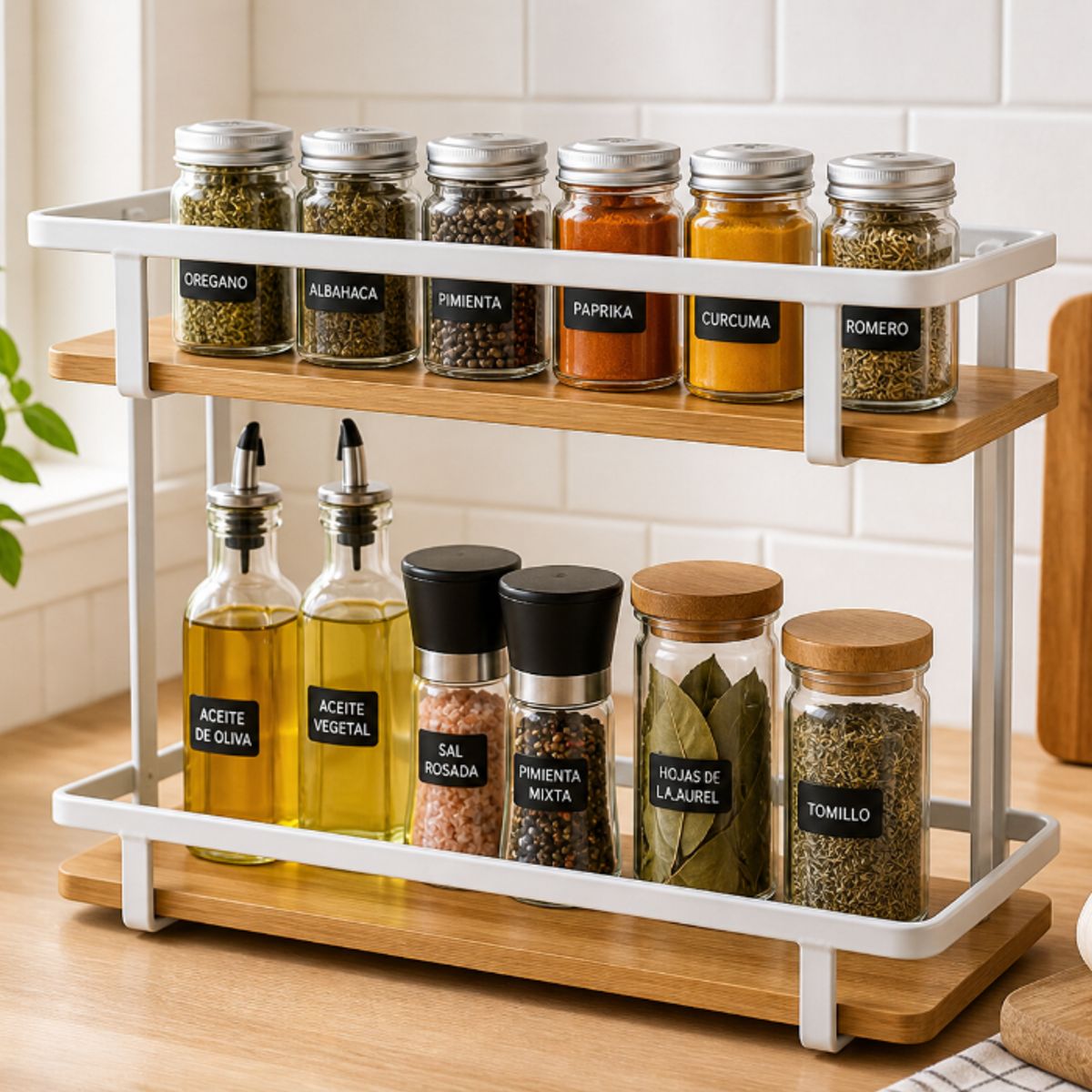 GENERICO - Especiero Organizador Doble Nivel Metal Madera Cocina