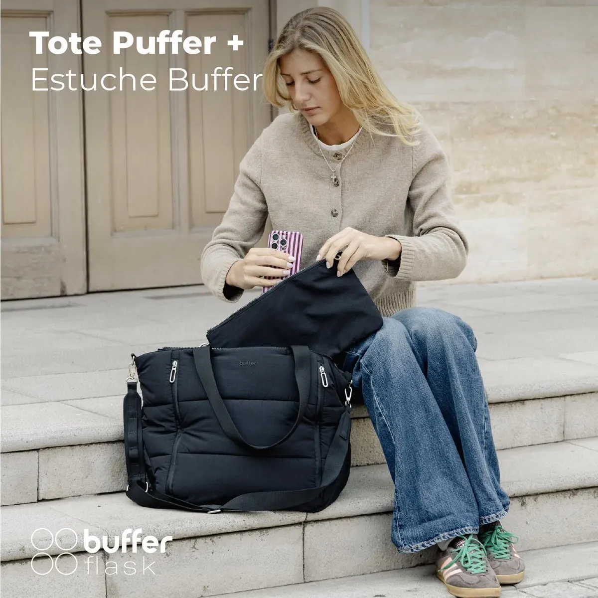 BUFFER FLASK - Bolso Tote Bag Cartera Buffer Mujer + Estuche Organizador