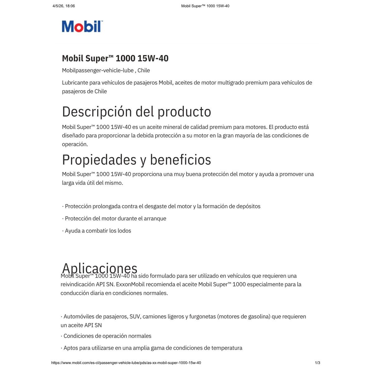 MOBIL - Lubricante Motor 15w40 Mobil Super 1000 4 Lts.