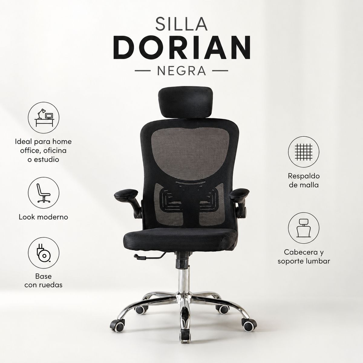 SPACE HOME - Silla De Escritorio Negra Con Cabecera Y Asiento Acolchado