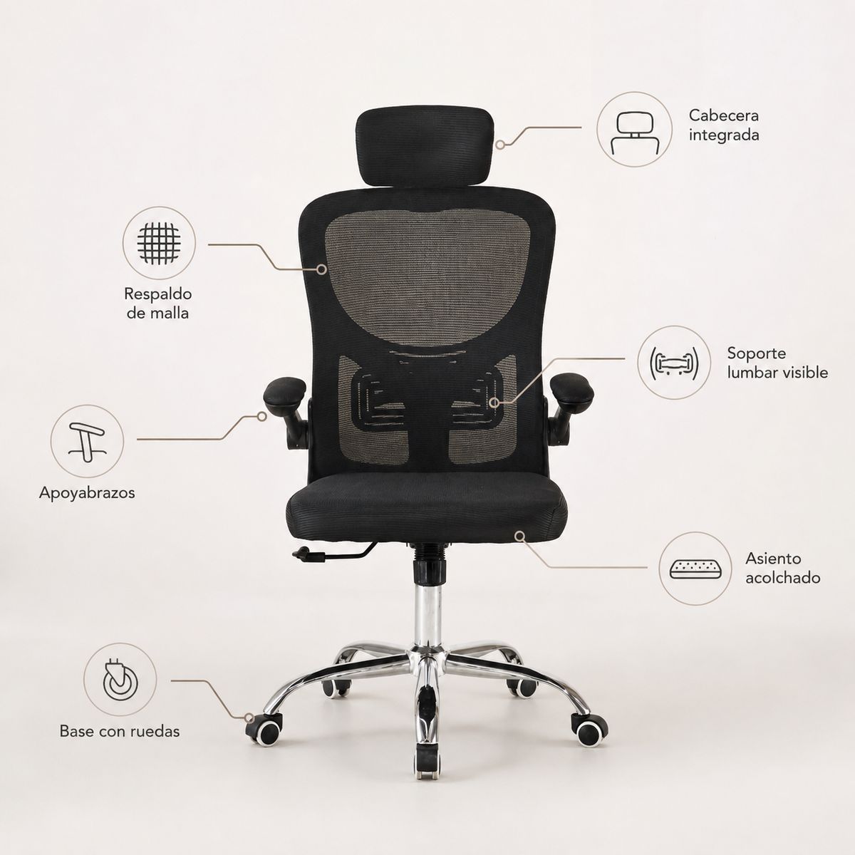 SPACE HOME - Silla De Escritorio Negra Con Cabecera Y Asiento Acolchado