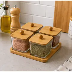 GENERICO - Especiero Set 4 Frascos Madera Bandeja Cocina Hogar