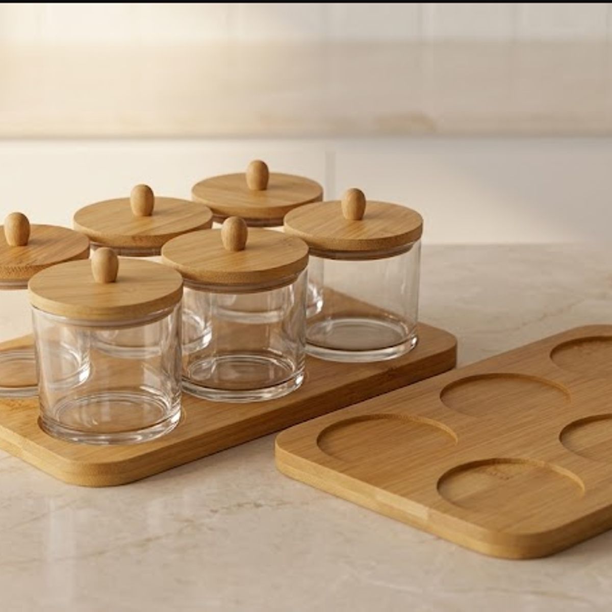GENERICO - Especiero Set 6 Frascos Redondos Madera Bandeja Cocina