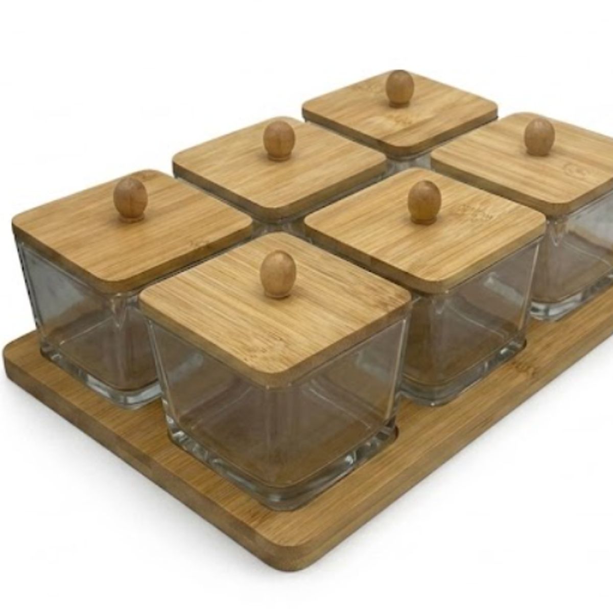 GENERICO - Especiero Set 6 Frascos Cuadrados Madera Bandeja Cocina