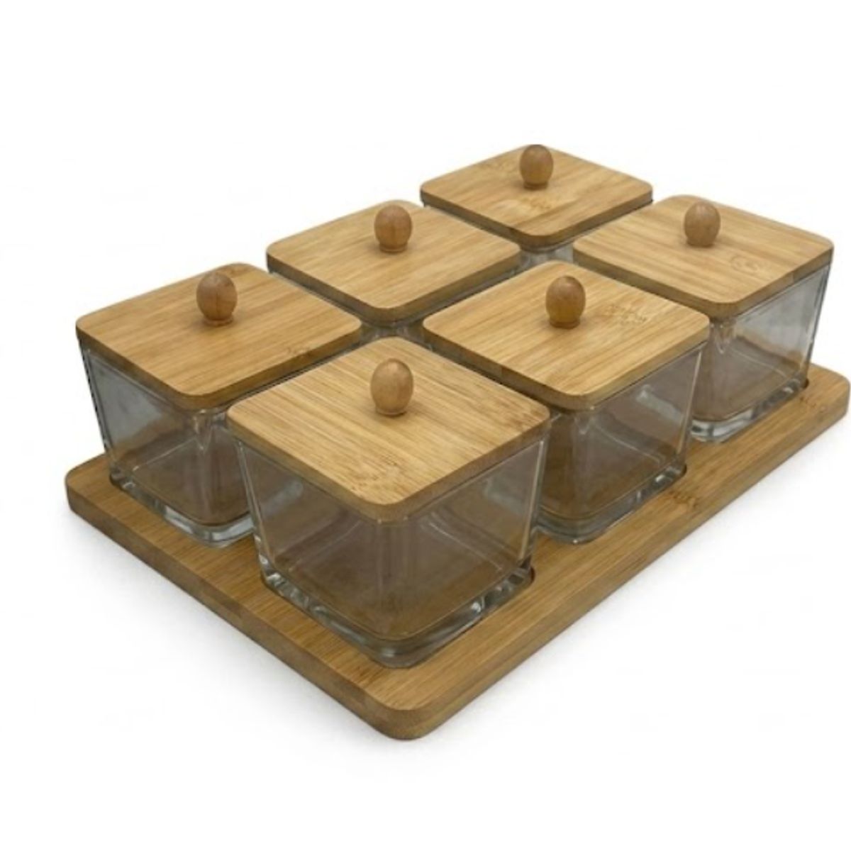 GENERICO - Especiero Set 6 Frascos Cuadrados Madera Bandeja Cocina