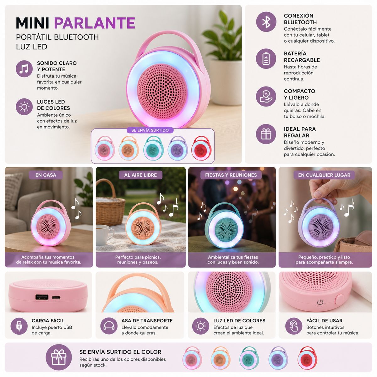 GENERICO - Parlante Bluetooth Portatil Luz Led Colores Sonido Claro Pro
