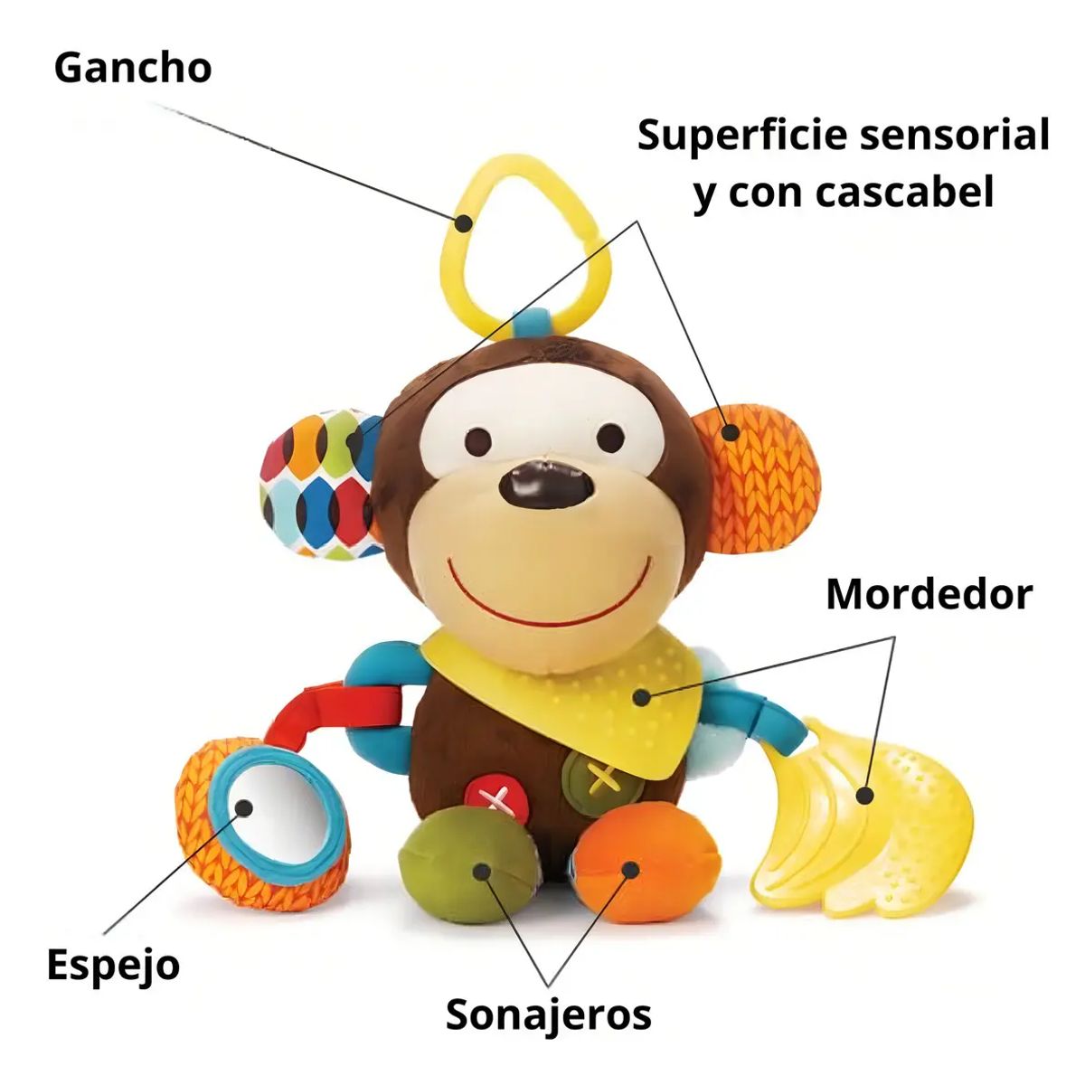 GENERICO - Peluche Sensorial Mono Mordedor y Sonajero de Felpa para Bebés