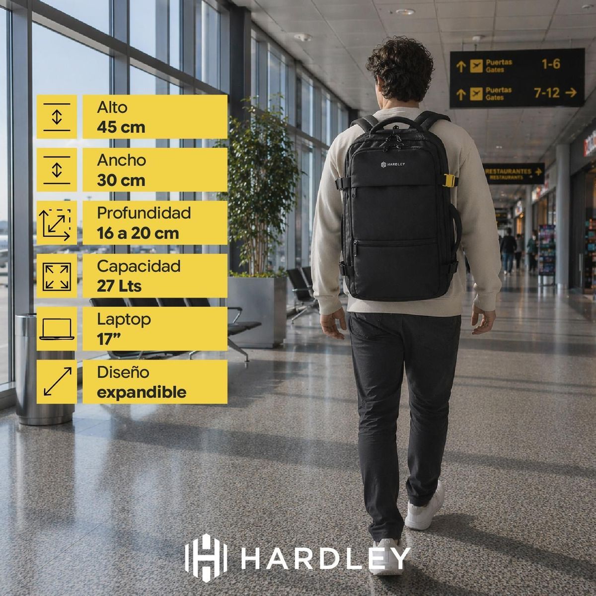 HARDLEY - Mochila de Viaje Hardley 27Lt Expandible 180° + Usb