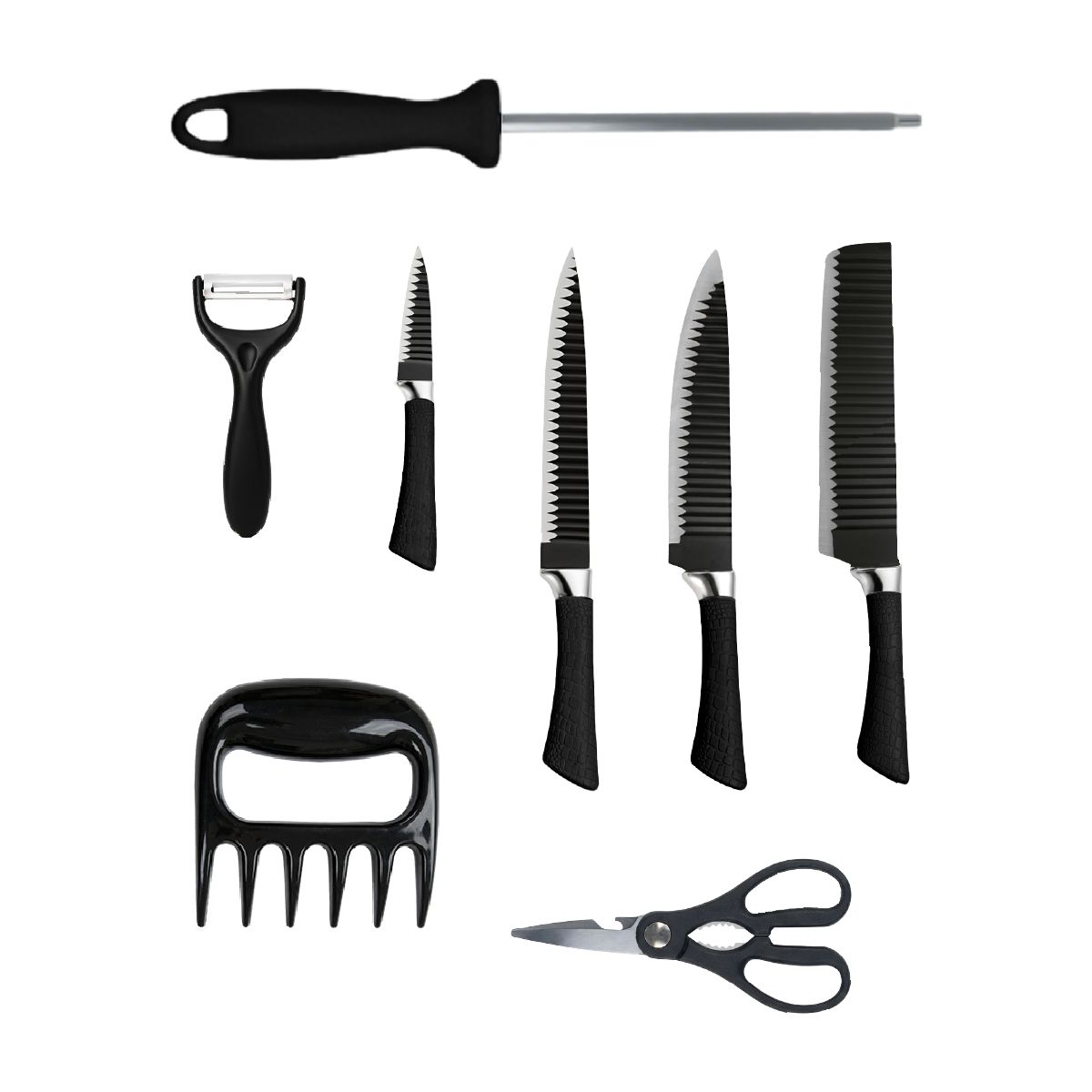 GENERICO - Set De Cuchillos Cocina 8 Piezas Negro Acero Inoxidable Profesional Con Garra