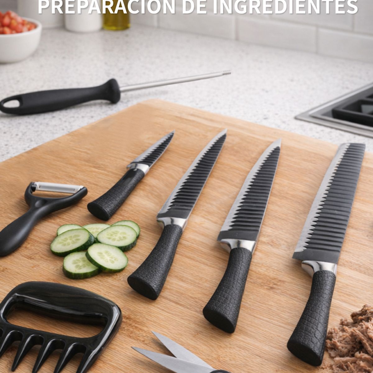 GENERICO - Set De Cuchillos Cocina 8 Piezas Negro Acero Inoxidable Profesional Con Garra