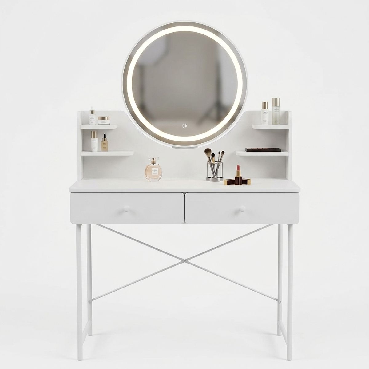 GENERICO - Tocador Moderno Blanco Con Espejo Redondo Led Y Cajones - Mesa De Maquillaje Con Estantes