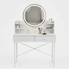 GENERICO - Tocador Moderno Blanco Con Espejo Redondo Led Y Cajones - Mesa De Maquillaje Con Estantes