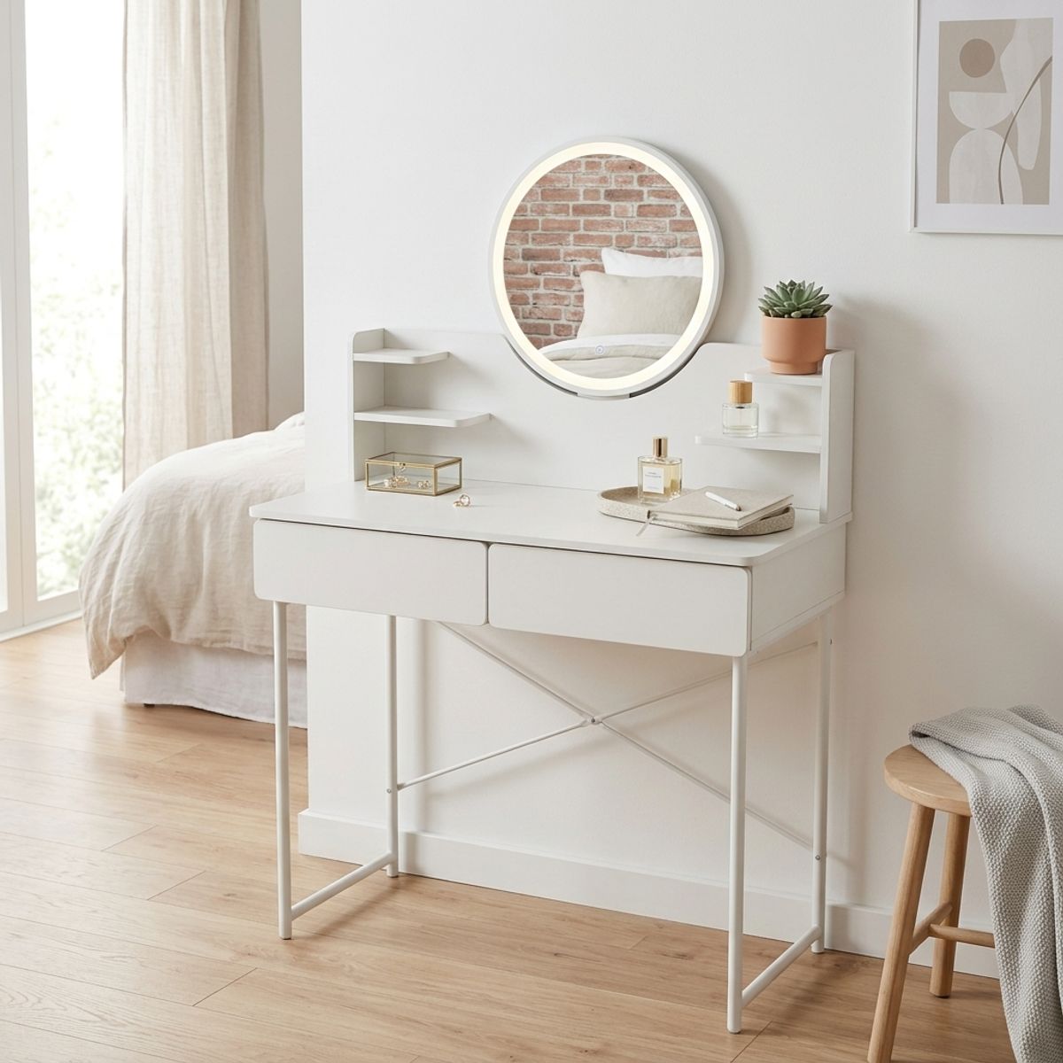 GENERICO - Tocador Moderno Blanco Con Espejo Redondo Led Y Cajones - Mesa De Maquillaje Con Estantes