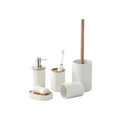 GENERICO - Set Accesorios Baño 5 Piezas Blanco Bambu Estilo Nordico Moderno