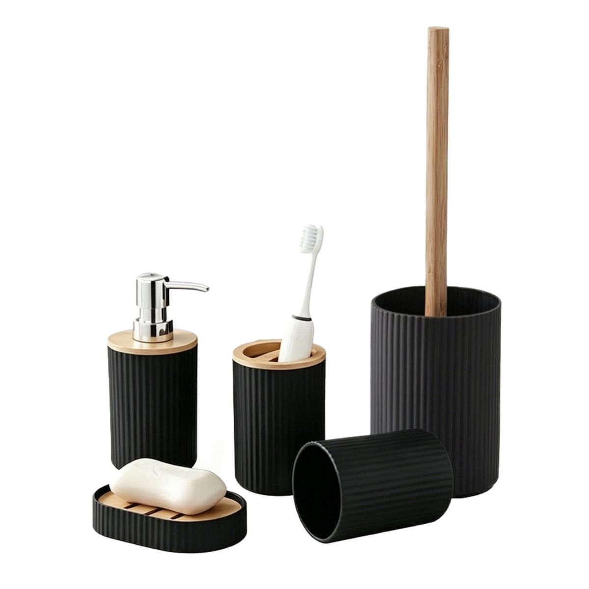 GENERICO - Set De Accesorios Para Baño 5 Piezas Negro Bambú Estilo Nórdico Moderno Elegante