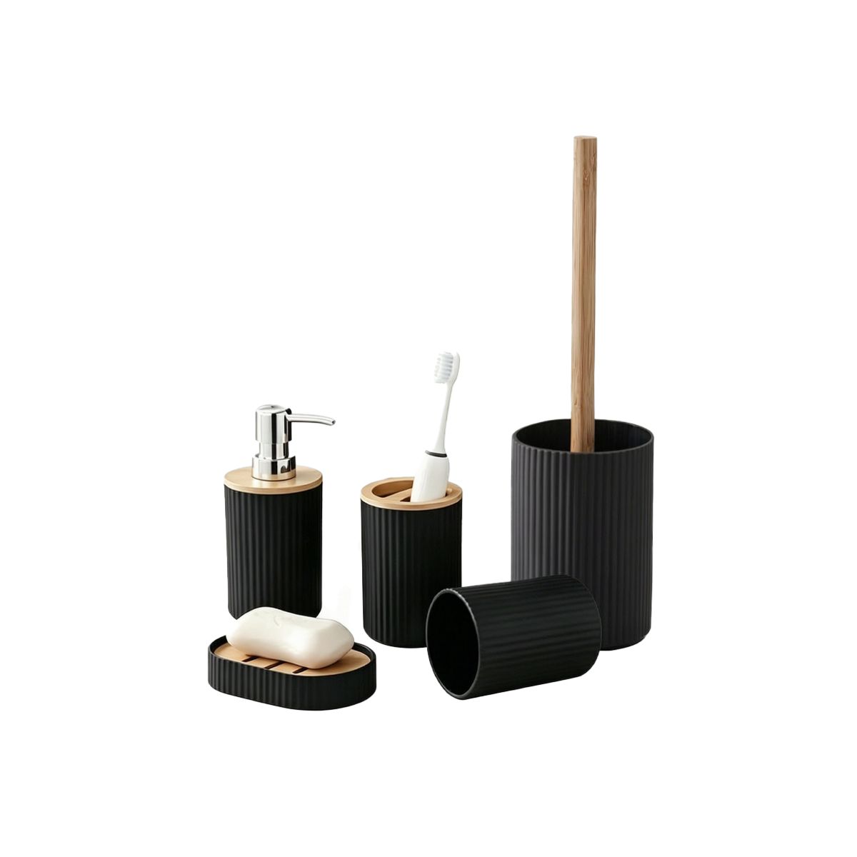GENERICO - Set De Accesorios Para Baño 5 Piezas Negro Bambú Estilo Nórdico Moderno Elegante