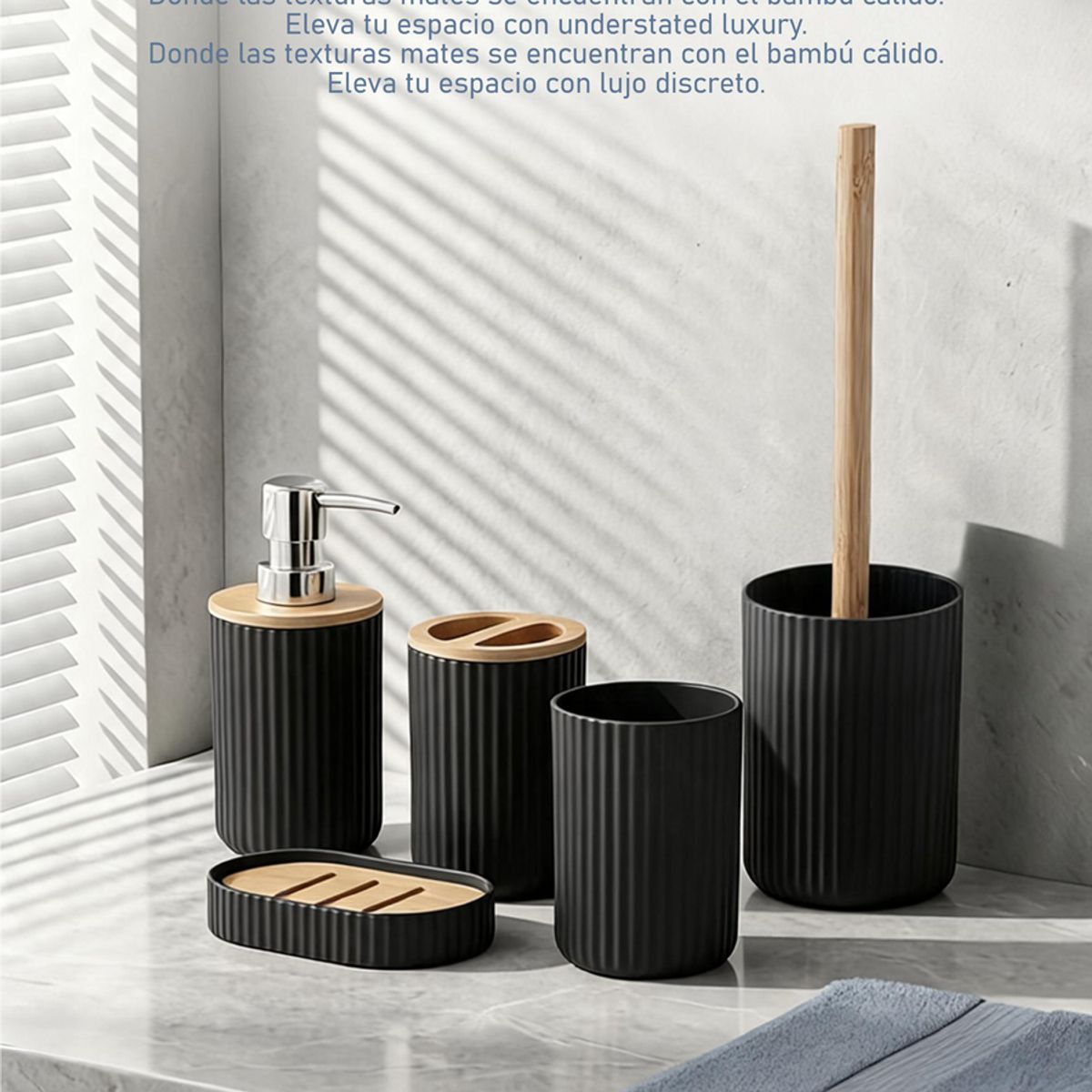 GENERICO - Set De Accesorios Para Baño 5 Piezas Negro Bambú Estilo Nórdico Moderno Elegante