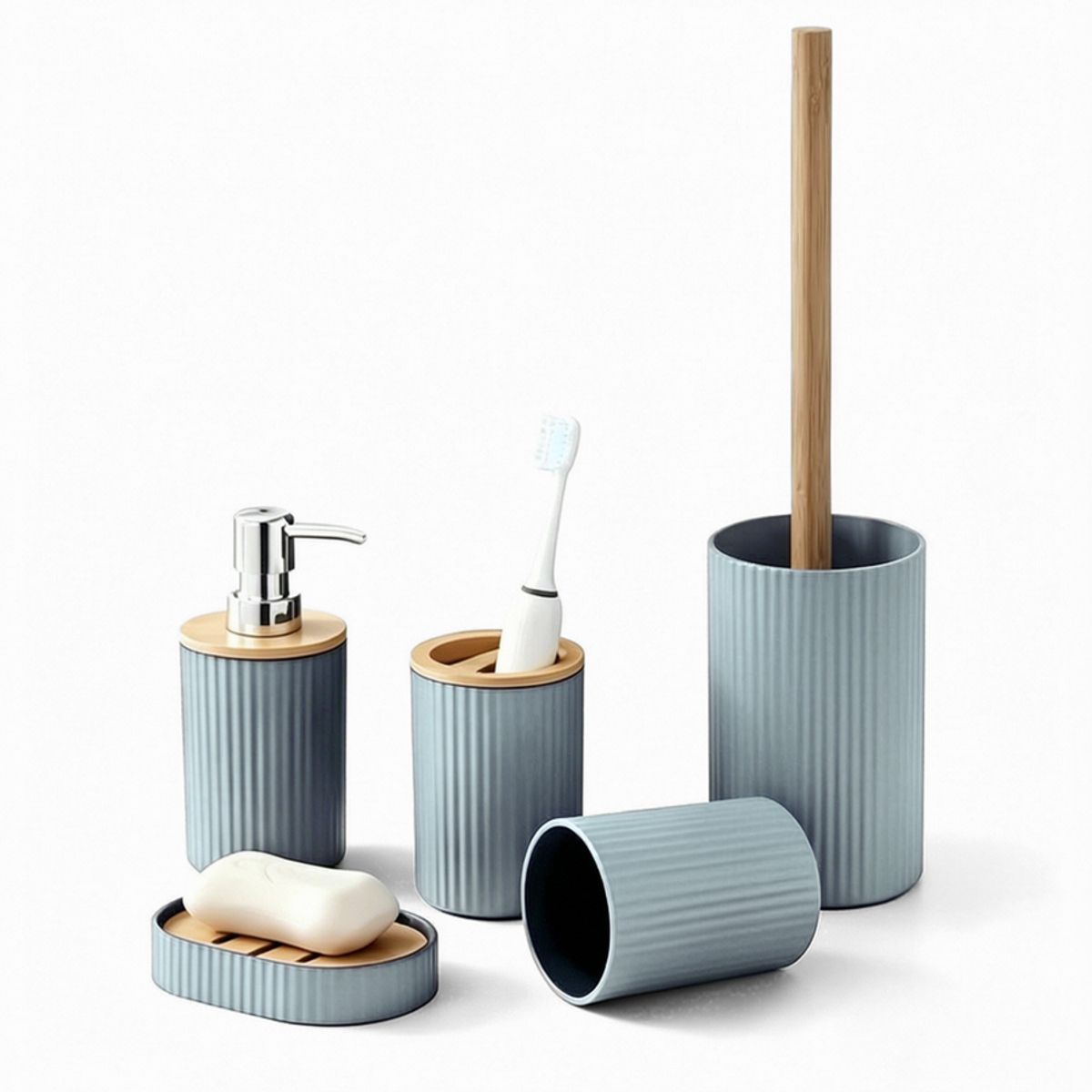 GENERICO - Set De Accesorios Para Baño 5 Piezas Azul Bambú Estilo Nórdico Moderno Elegante