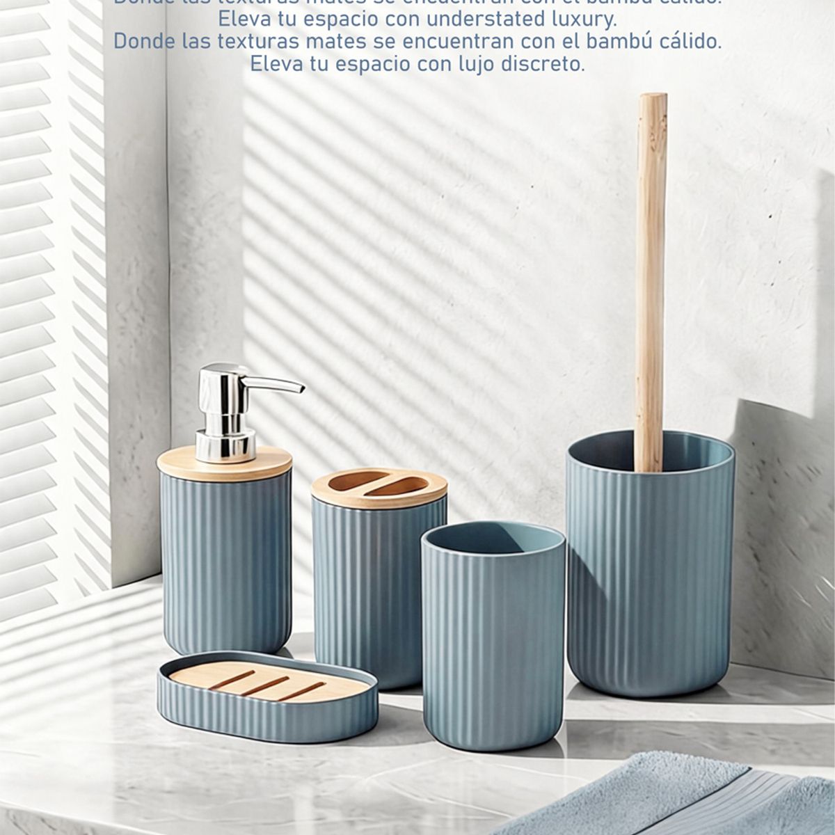 GENERICO - Set De Accesorios Para Baño 5 Piezas Azul Bambú Estilo Nórdico Moderno Elegante