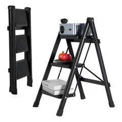 GENERICO - Escalera Plegable De Tubo De Acero Con 3 Peldaños Antidesliz