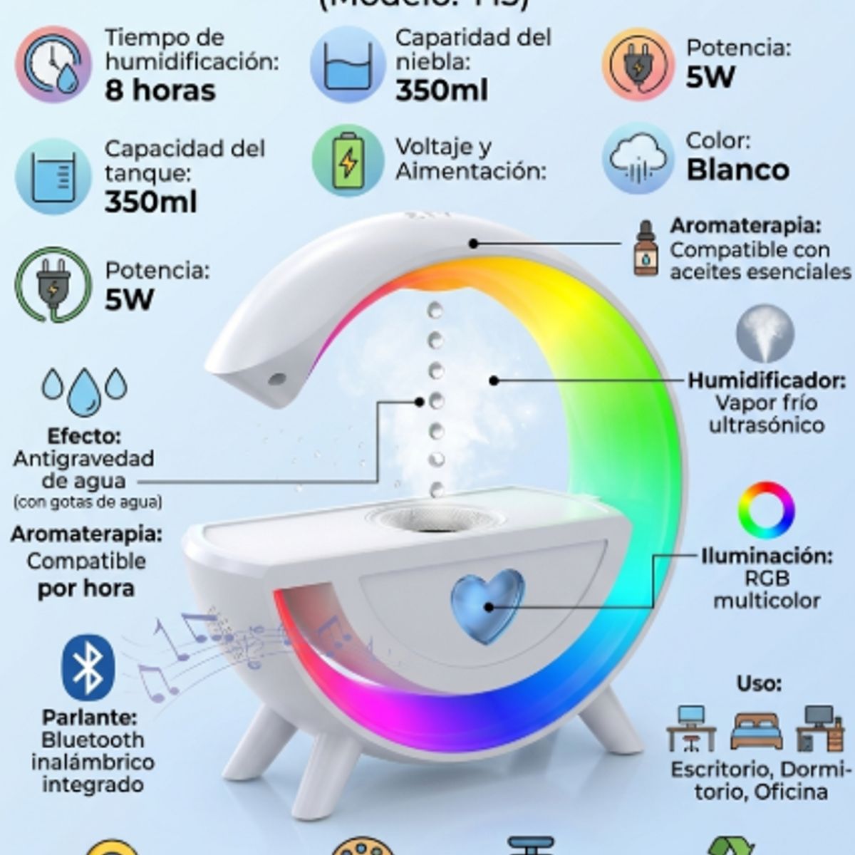 IRM - Lampara RGB Humidificador Antigravedad Bluetooth Parlante Y13 Luz LED Escritorio Aromaterapia