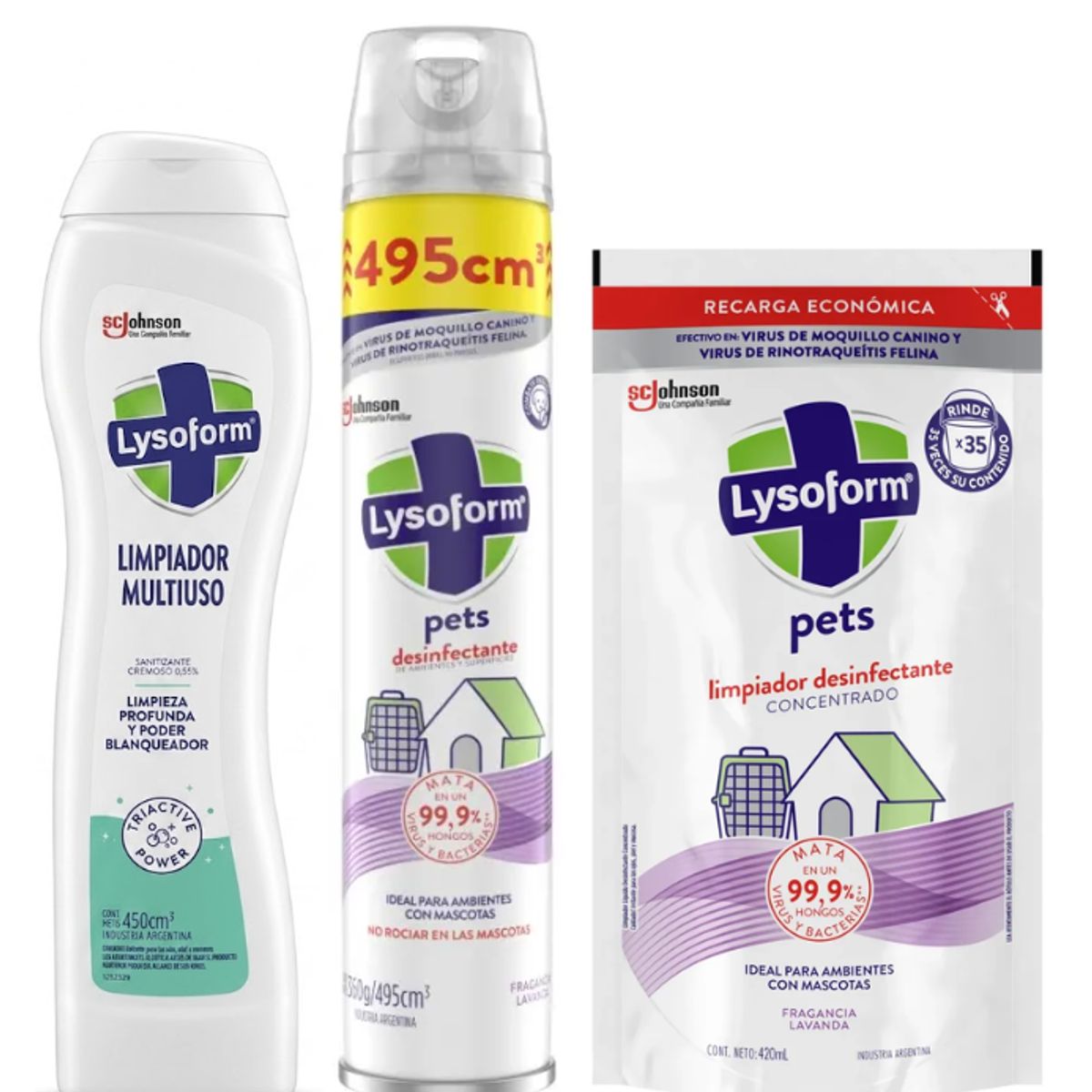 LYSOFORM - Kit Protección Total Crema Antibacterial 450ml + Limpiador Pets 420ml + Aerosol Pets 495ml