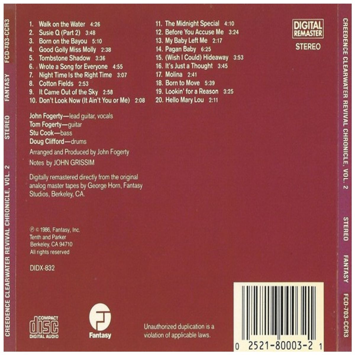 HITWAY MUSIC - CREEDENCE CLEARWATER REVIVAL - CHRONICLE 20 GREATEST HITS VOL. 2 - CD