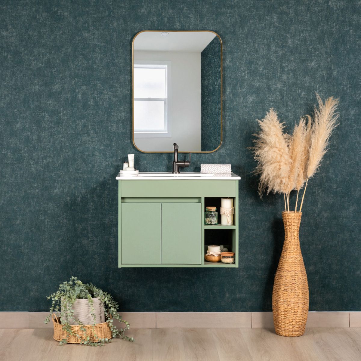 STRETTO - Mueble Vanitorio Lille Sage Green + Cubierta 70x46x50 cm