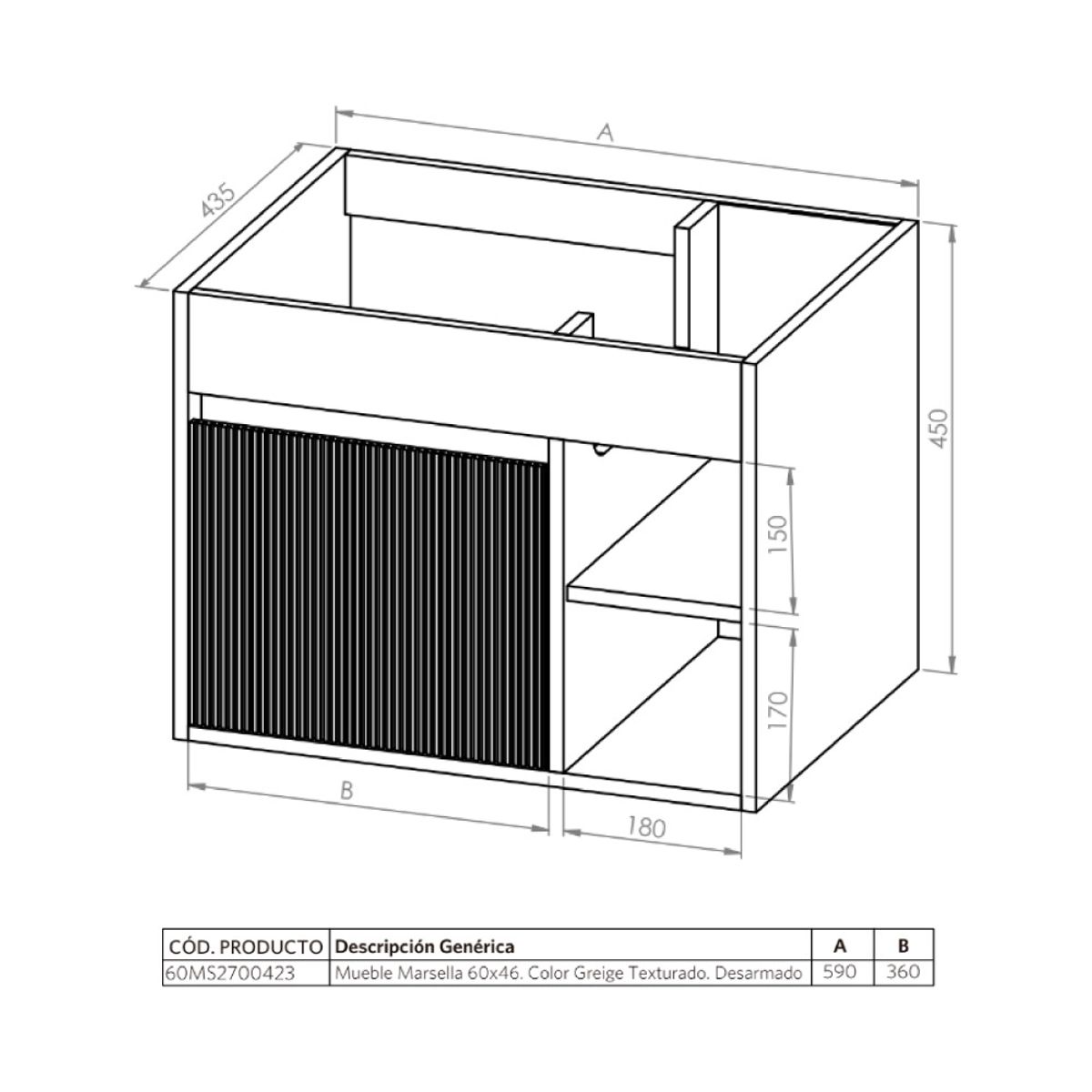 STRETTO - Mueble Vanitorio Marsella Greige Texturado + Cubierta 60x46x50 cm