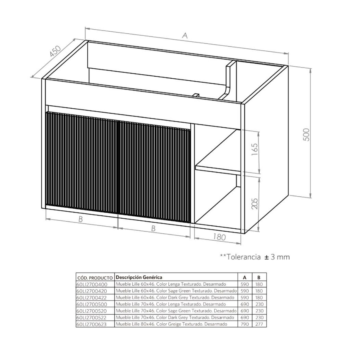 STRETTO - Mueble Vanitorio Lille Texturado Dark Grey Texturado 70x46x50 cm sin Cubierta
