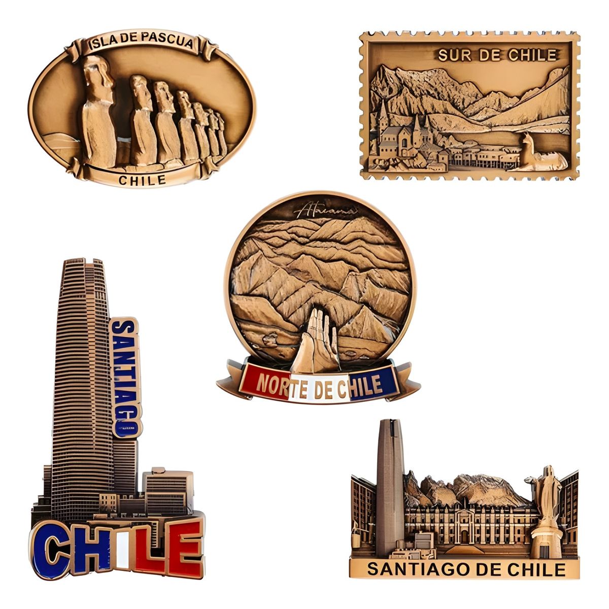 GENERICO - Pack 5 imanes souvenir Chile cobre oscuro