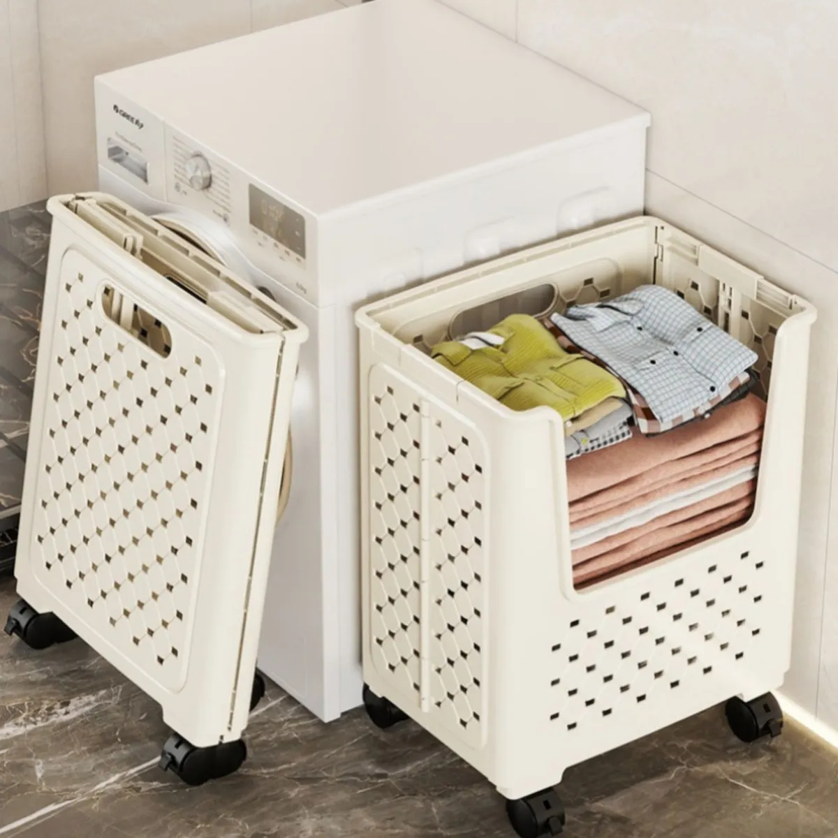 BABYLUNA - Cesta Organizadora De Ropa Plegable U Shape Con Ruedas Y Asas