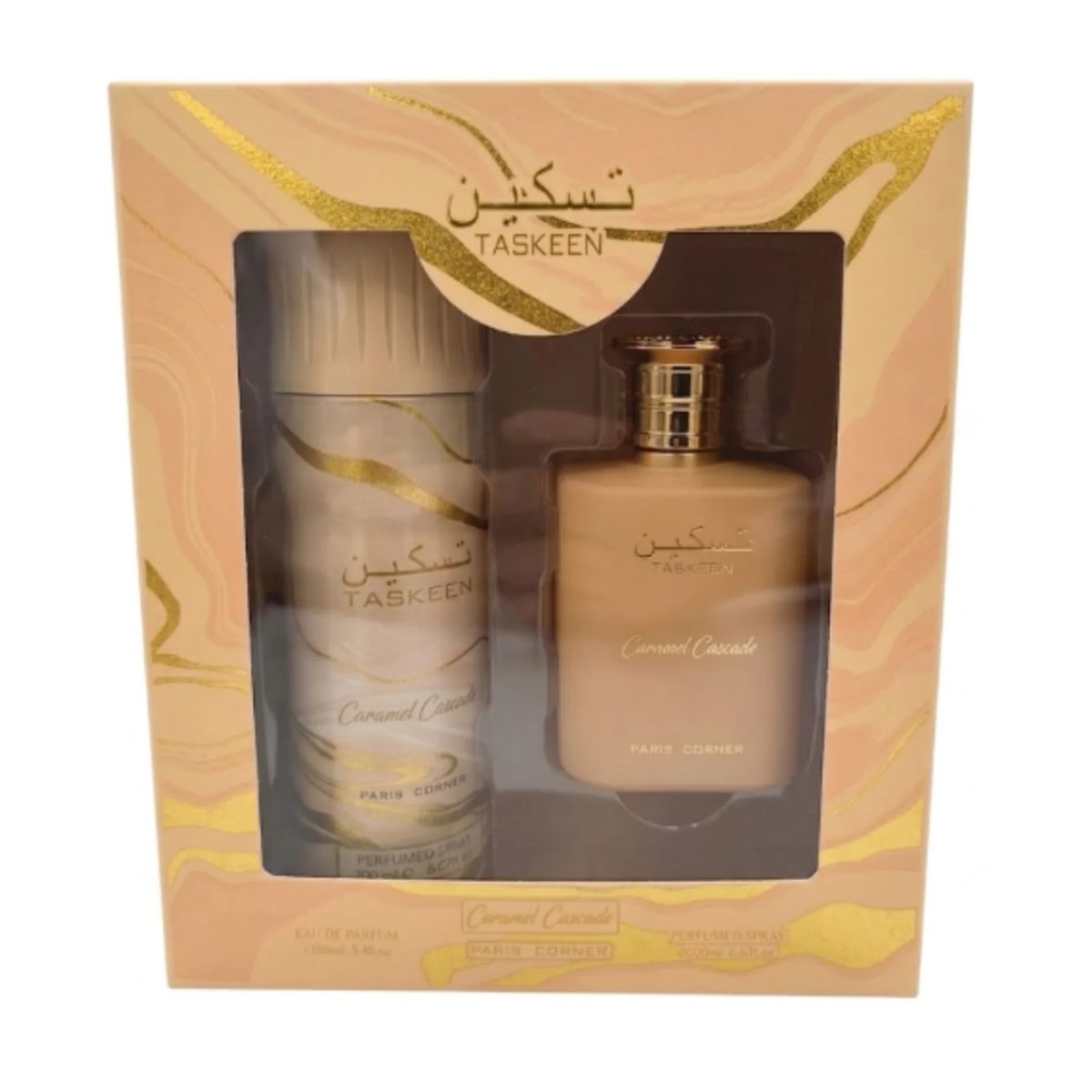 PARIS CORNER - Set Perfume Taskeen Caramel Cascade EDP 100 ml + Perfumed Spray  200 ml Paris Corner