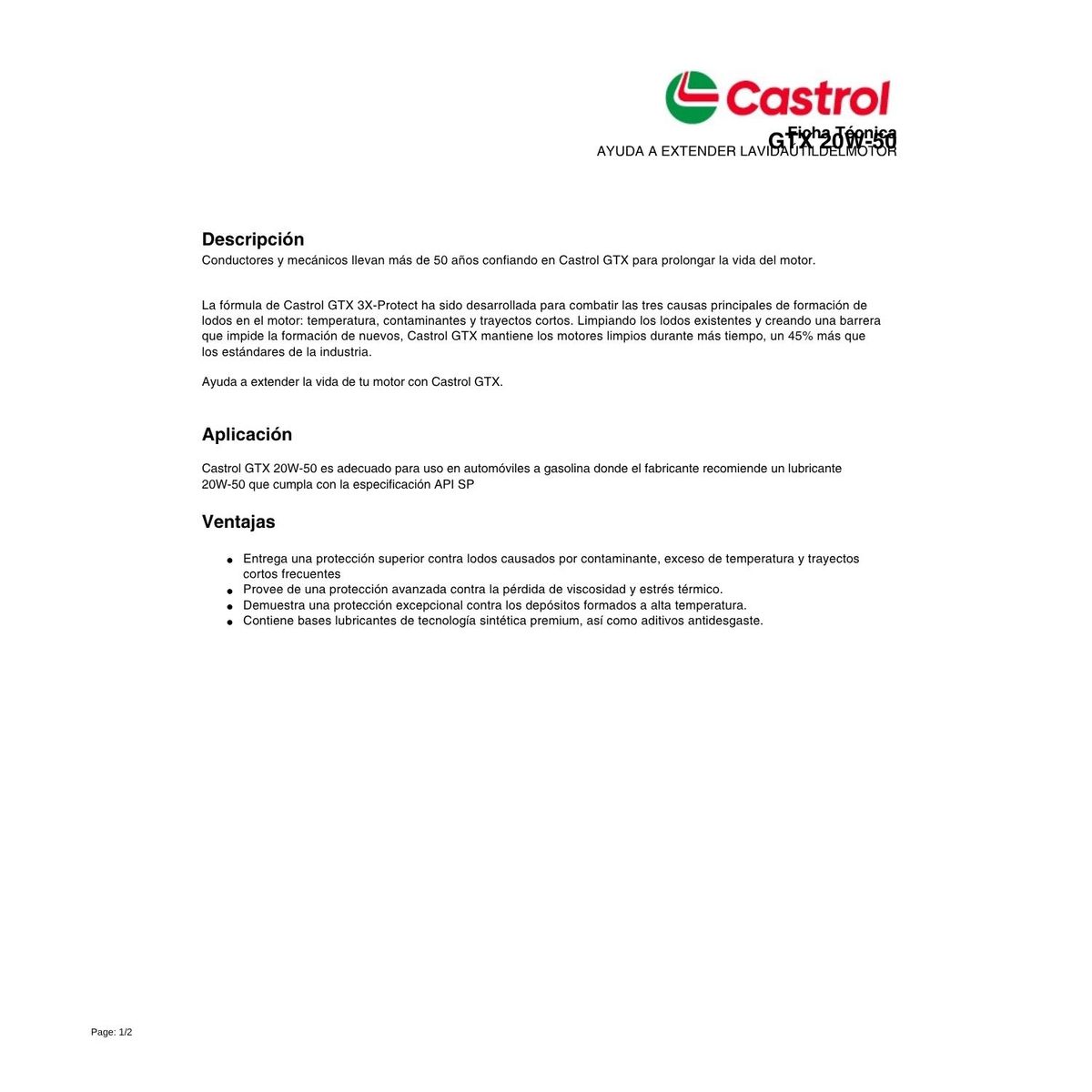 CASTROL - Lubricante Motor 20w50 Castrol GTX 3.78 Lts.