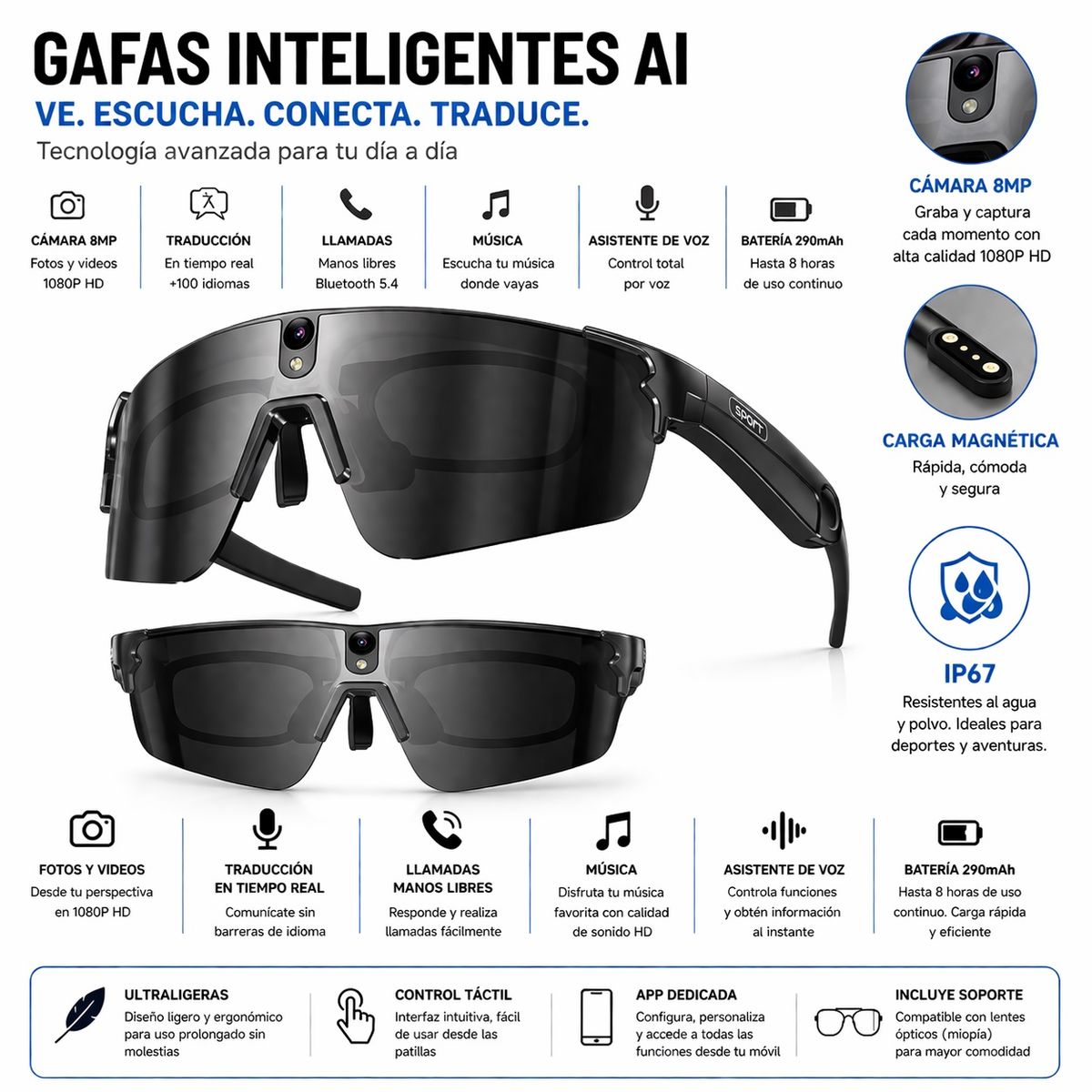 GENERICO - Lentes Inteligentes con Cámara HD, Traducción en Tiempo Real y Audio Bluetooth en Primera Persona