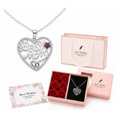 GENERICO - Collar Plata 925 Corazón Mama + Caja Rosas Regalo Día Madre BEST MOM