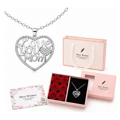 GENERICO - Collar Plata 925 Corazón Mama + Caja Rosas Regalo Día Madre