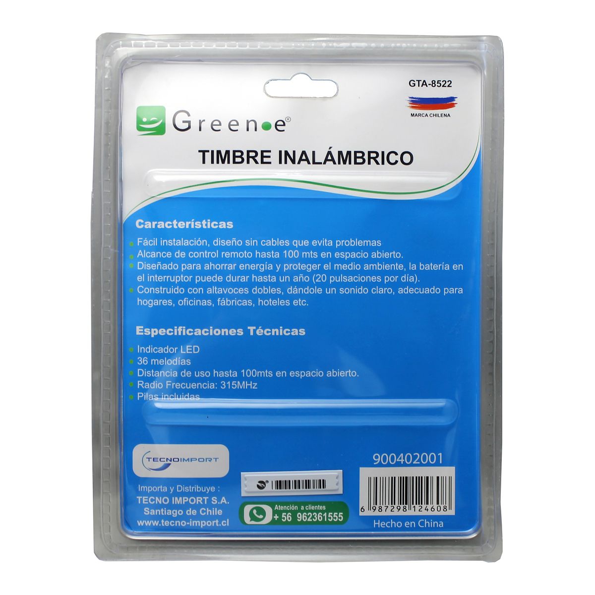 GREEN E - Timbre Inalámbrico Green-e ¡Instala en Segundos Alcance 100m + Pilas de Regalo