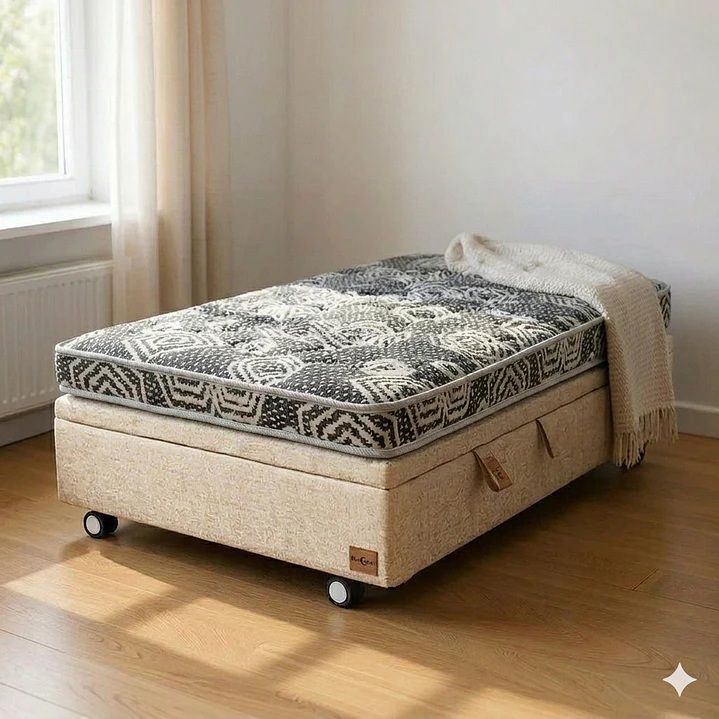 Cama Baul 1 Plaza L190 cm + Colchon Modelo Ideal / Con Rueda Logo (Beige)