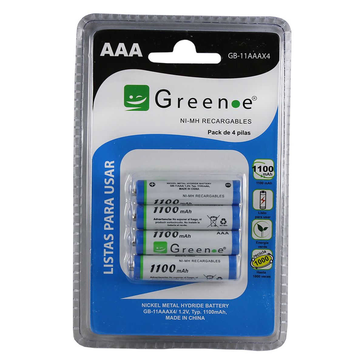 GREEN E - Pack 4 Pilas AAA Recargables Green-e 1100mAh - ¡Listas para usar!
