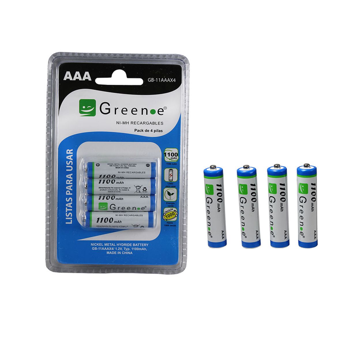 GREEN E - Pack 4 Pilas AAA Recargables Green-e 1100mAh - ¡Listas para usar!