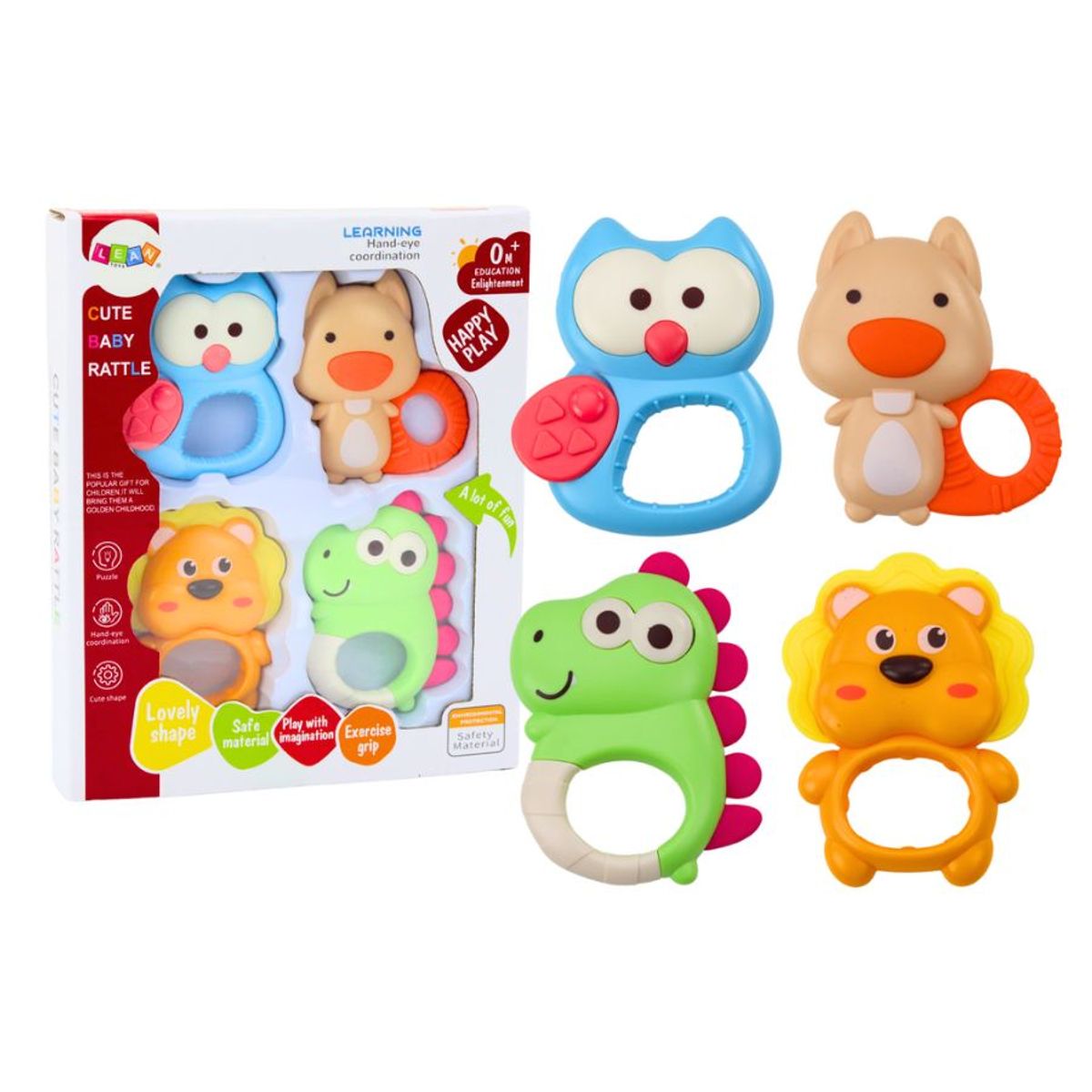 GENERICO - Set de 4 Sonajeros y Mordedores Sensoriales para Bebé Diseños de Animalitos
